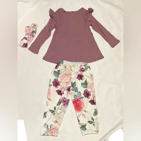 Sz 3T (100) 3 pcs girls pink floral long sleeve pants with head band NW - Picture 2 of 3